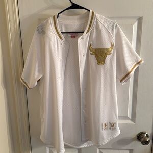 White and Gold Chicago Bulls Mitchell and Ness Baseball Jersey